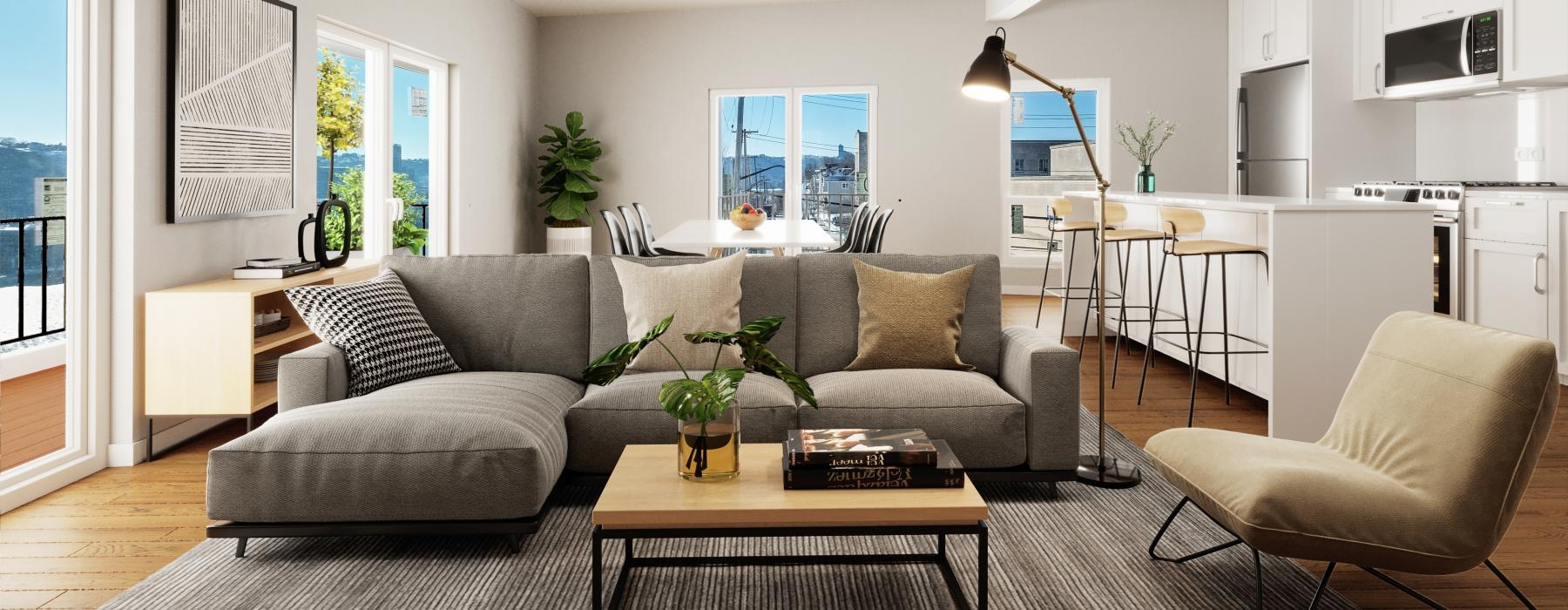 a living room with a couch and a table