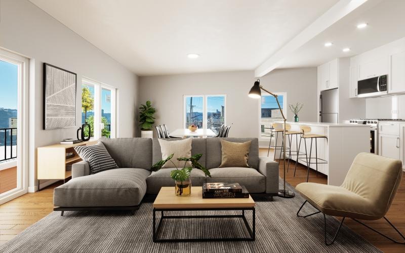 a living room with a couch and a table